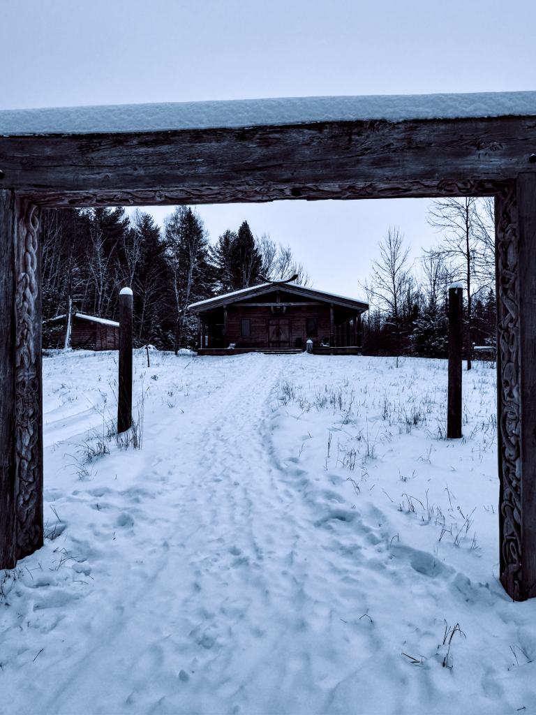 The gate to the Orphan Wisdom Hall in snow