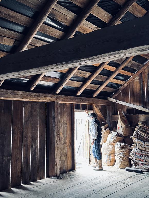 Interior of a timber-framed barn, a figure standing in the open doorway